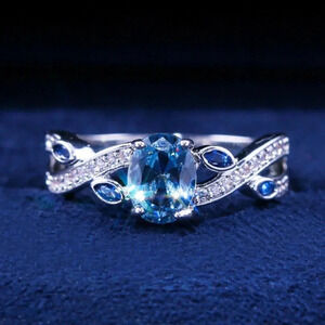925 Sterling Silver Aquamarine Oval Diamond Ring